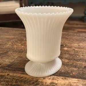 Vintage Footed Ribbed Milk Glass oval Vase Traditional White Mid Century 1960
